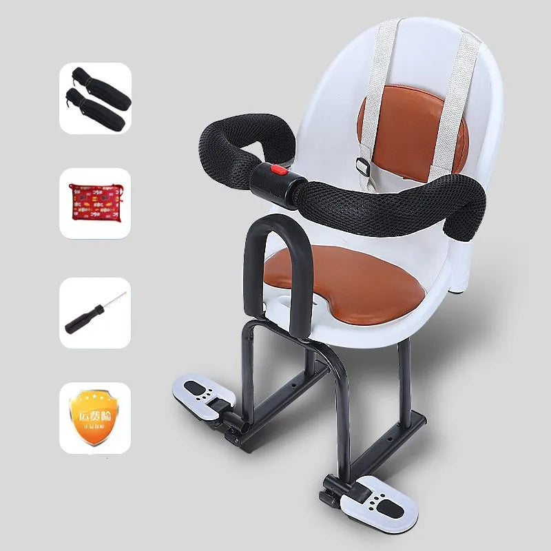 Front child seat for scooters in high carbon steel construction showing white, red and black colour options