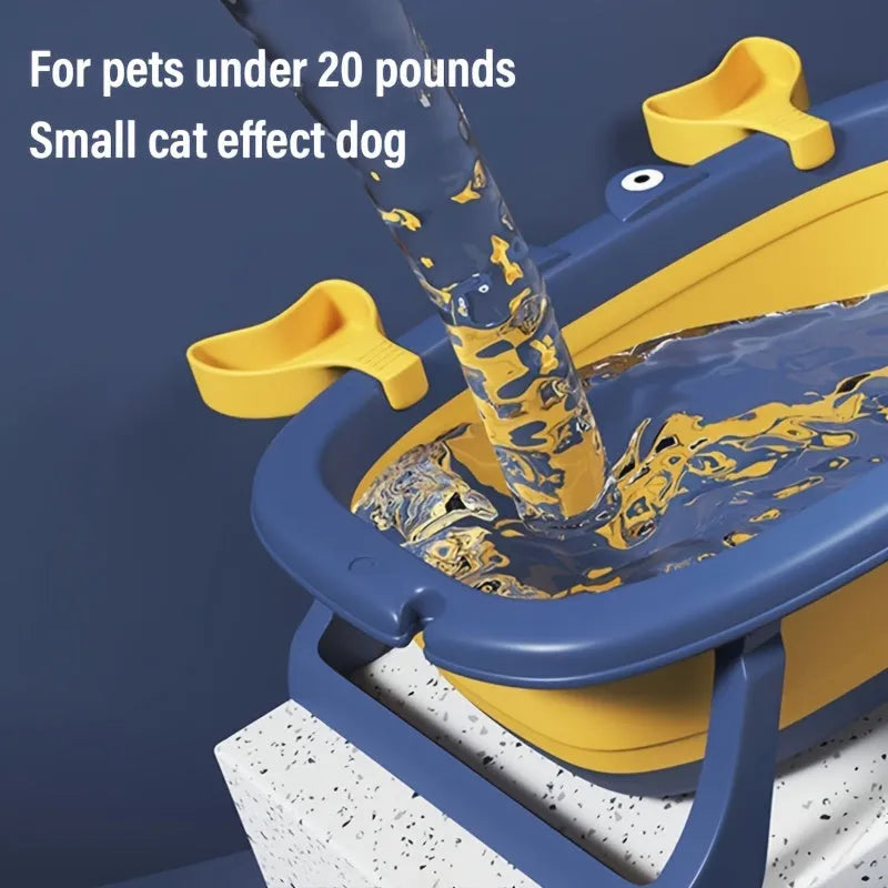 Blue foldable portable pet bath tub for small dogs and cats on a non-slip base.