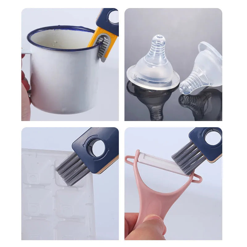 Blue and grey 4-in-1 bottle gap cleaner brush with U-shaped silicone head and multiple cleaning attachments