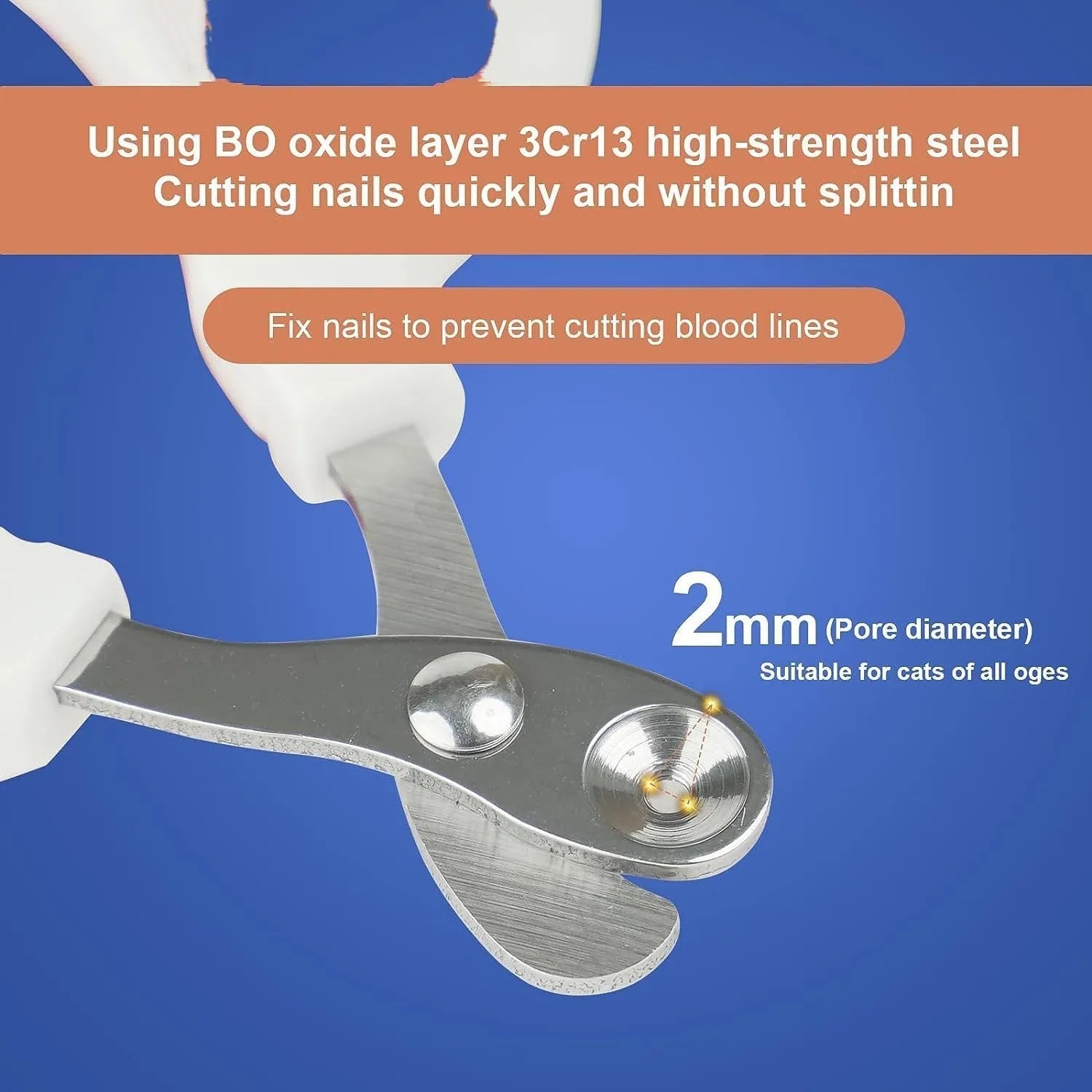Blue cat nail clippers with circular cut hole and cushioned non-slip handle