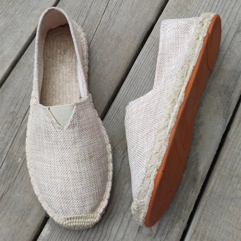 Men's round-toe casual canvas shoes in linen fabric, shown in black, dark brown, grey, and white colour options.