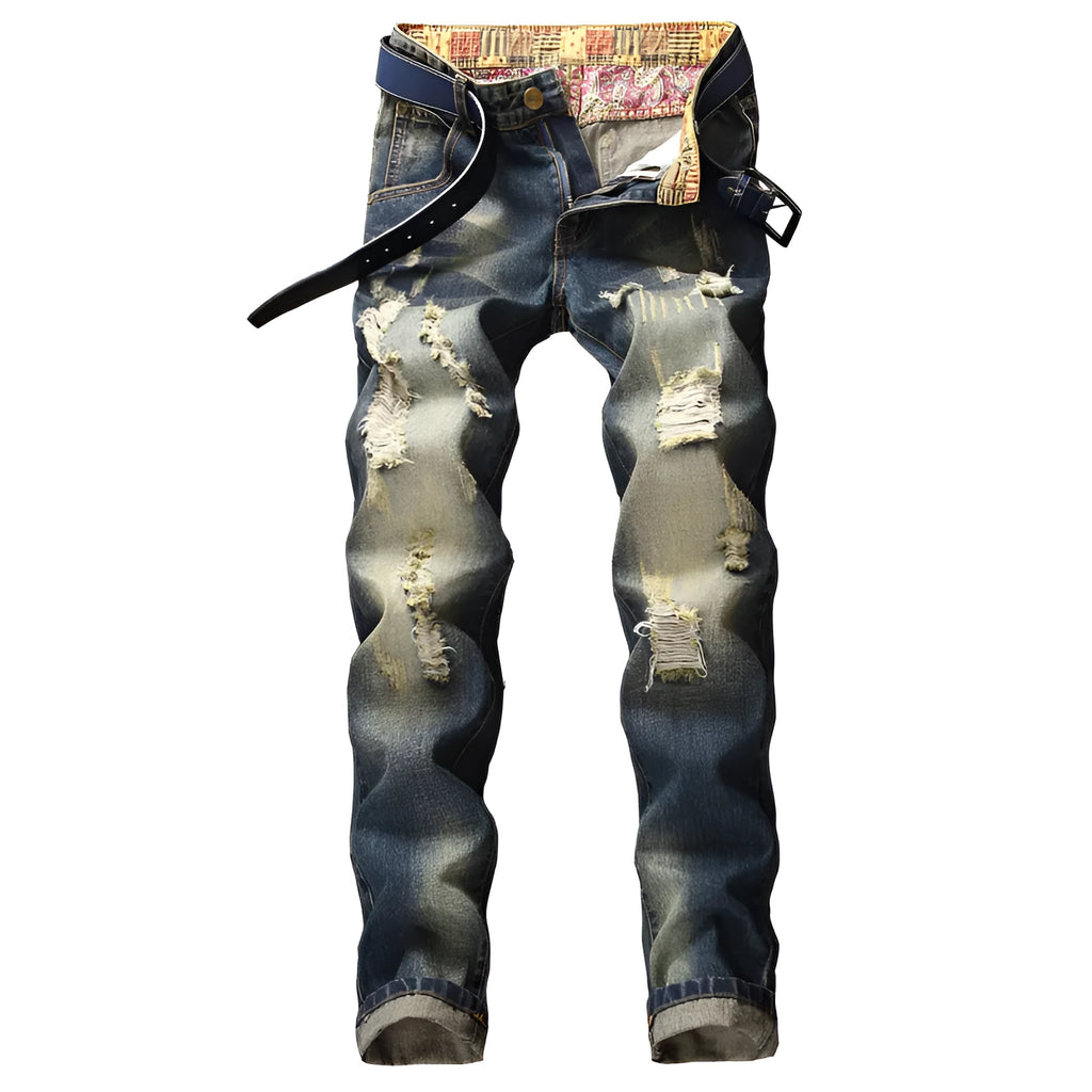 Shabby nostalgic straight leg dark blue jeans with worn wash effect on denim fabric, mid waist, zip fly closure