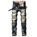 Shabby nostalgic straight leg dark blue jeans with worn wash effect on denim fabric, mid waist, zip fly closure