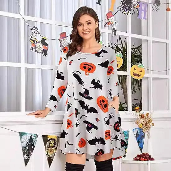 Halloween Christmas printed T-shirt dress with A-line skirt and 3D pattern in black colour