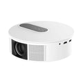 White HD projector with remote control on stand showing 720p resolution display