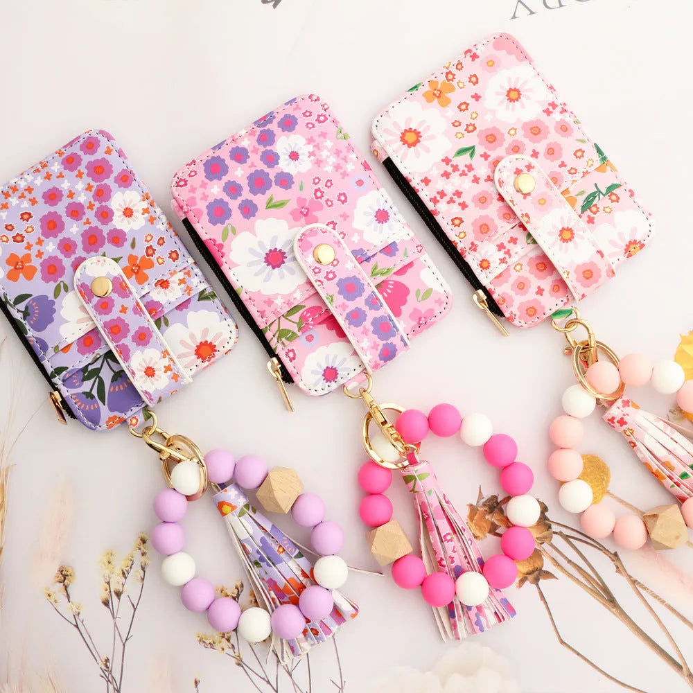 Women's floral print leather card bag in light pink, slim design, nine colour options