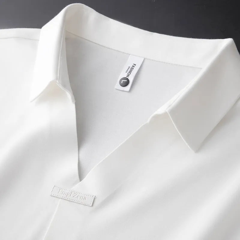 Men's slim fit lapel collar polo short-sleeved t-shirt in black, brown, and white colours