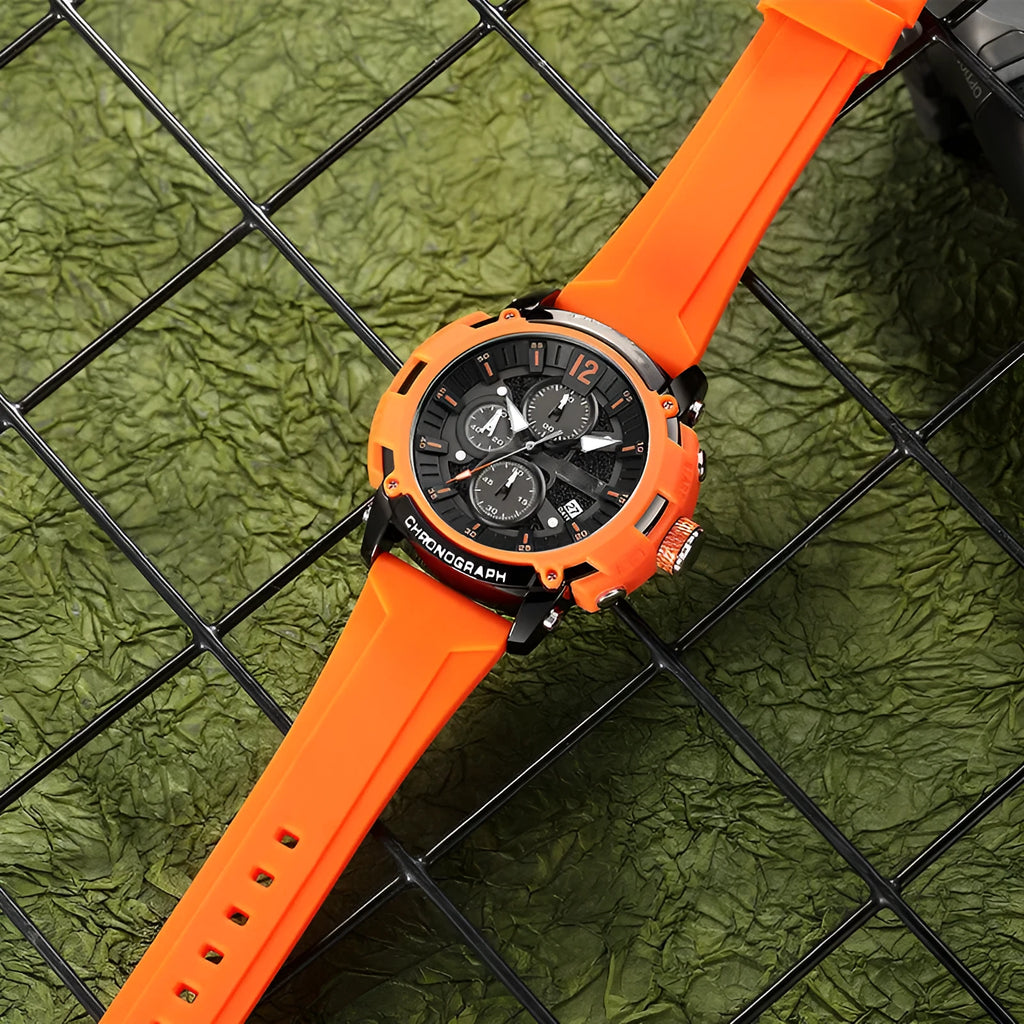 Men's black luminous dial watch with calendar display and stainless steel case.