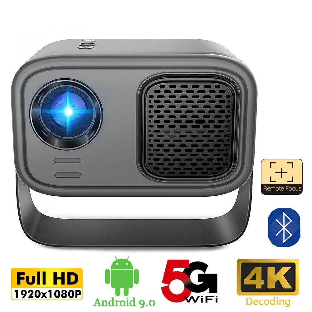Black portable HD projector with remote control and cables for home office use