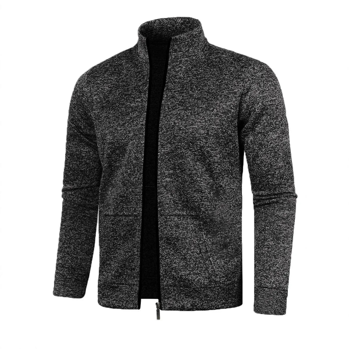 Men's long zipper light fleece jacket plus size casual loose cardigan in dark gray on model