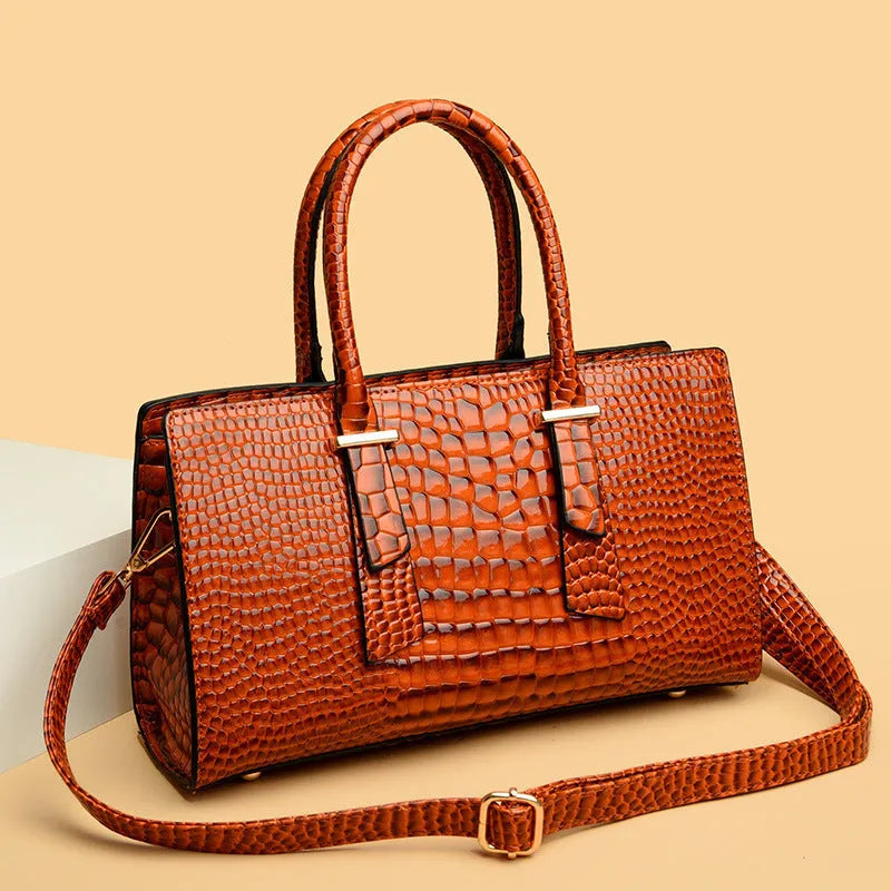Women's retro crocodile pattern all-match shoulder messenger bag in black, PU material, front view