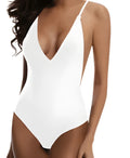 Women's V-neck one-piece swimwear with supportive cups in extended sizing options