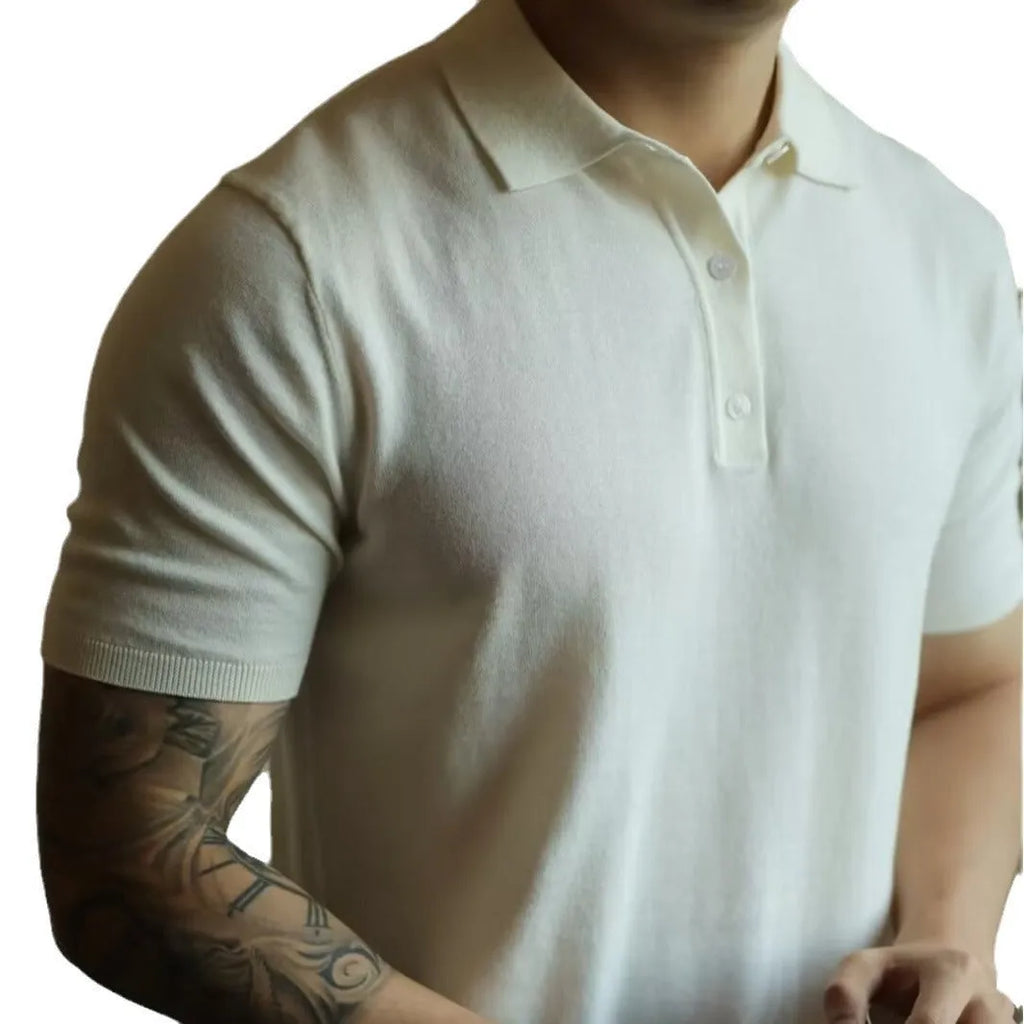 Men's black short sleeve polo shirt with a cotton ice silk knit and classic collar.