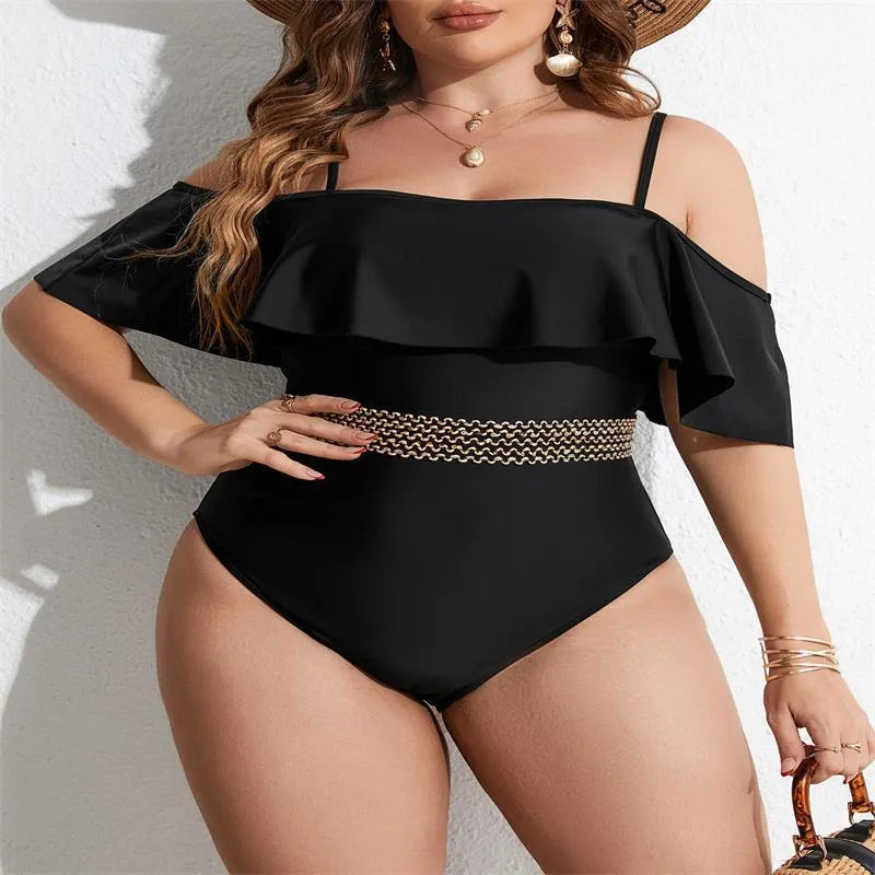Black women's one-piece swimsuit on a mannequin, shown from the front.