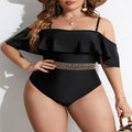 Black women's one-piece swimsuit on a mannequin, shown from the front.