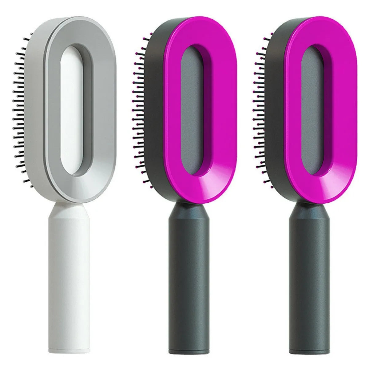 Self-cleaning air cushion hair brush in white, black gold, or black purple with ergonomic handle
