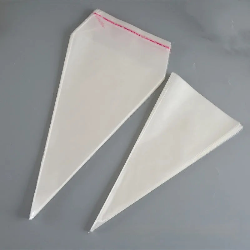 Clear plastic triangle-shaped packaging bag with a silver tie wire closure.