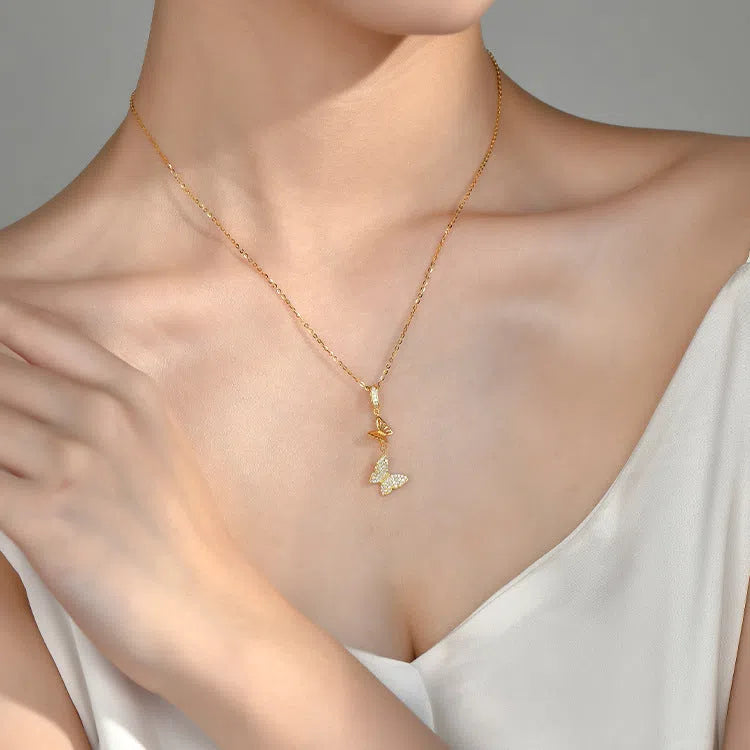 Gold full rhinestone micro-inlaid butterfly tassel necklace on copper pendant with stainless steel O-ring chain