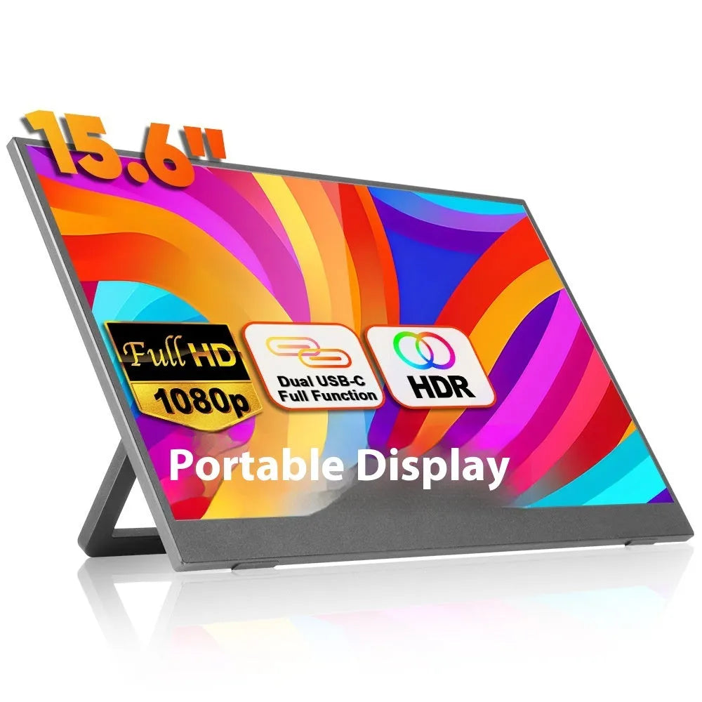 Black 15.6-inch portable LCD monitor on an adjustable stand with HDMI and USB cables.