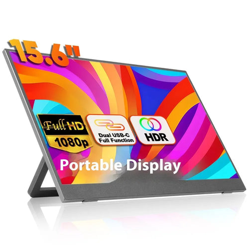 Black 15.6-inch portable LCD monitor on an adjustable stand with HDMI and USB cables.