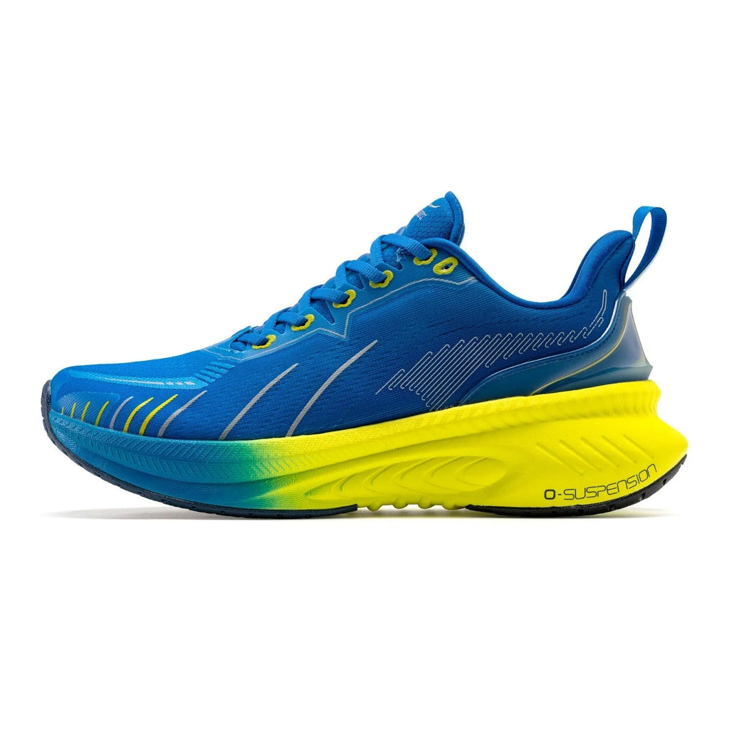 Low-top running sneakers in multiple colours with a striped pattern, PU mesh upper, and rubber sole.