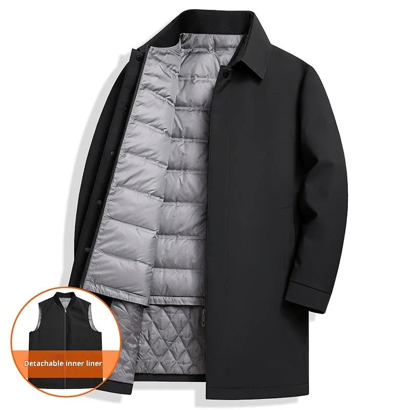 Men's mid-length white duck down business casual jacket in black, gray, and navy blue, 65cm length