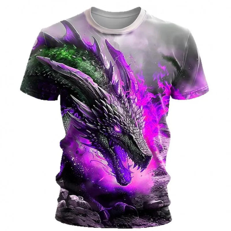 Men's grey T-shirt with 3D wind dragon print design on front, short sleeves, pullover style