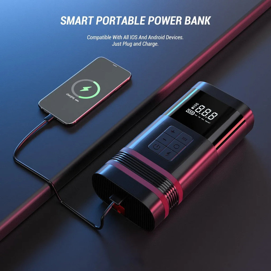 Black vehicle jump starter unit with cables showing 100W power output and USB charging capability