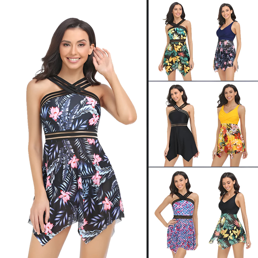 Women's one-piece swimsuit with tulle skirt and high leg split in various colours