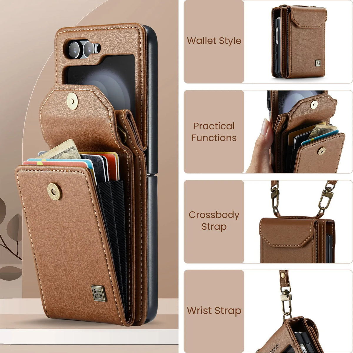 Folding three-in-one protective leather phone case for Samsung Galaxy Z Flip 5 and Z Flip 6 in black with bracket and magnetic suction