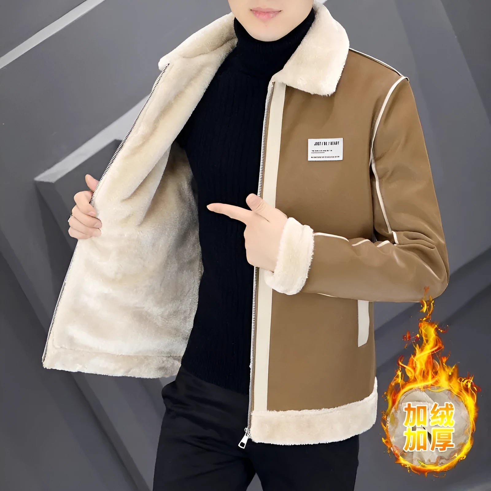 Men's corduroy coat with velvet lining and fur trim, available in black, gray, dark brown and milky white, Asian sizes 165-185