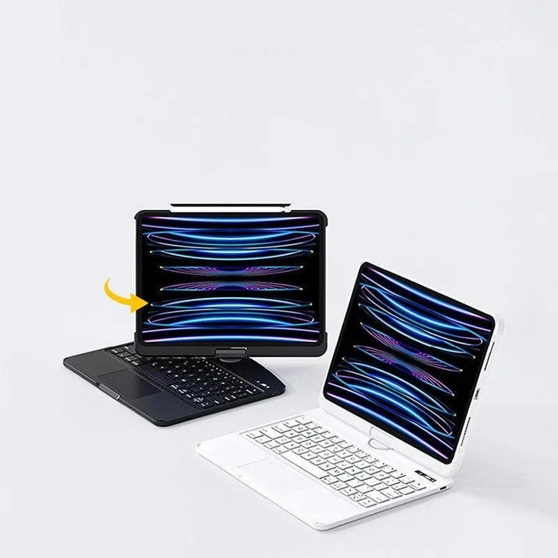 Transparent protective case wireless keyboard for iPad Pro and iPad Air showing Bluetooth connectivity and colour options