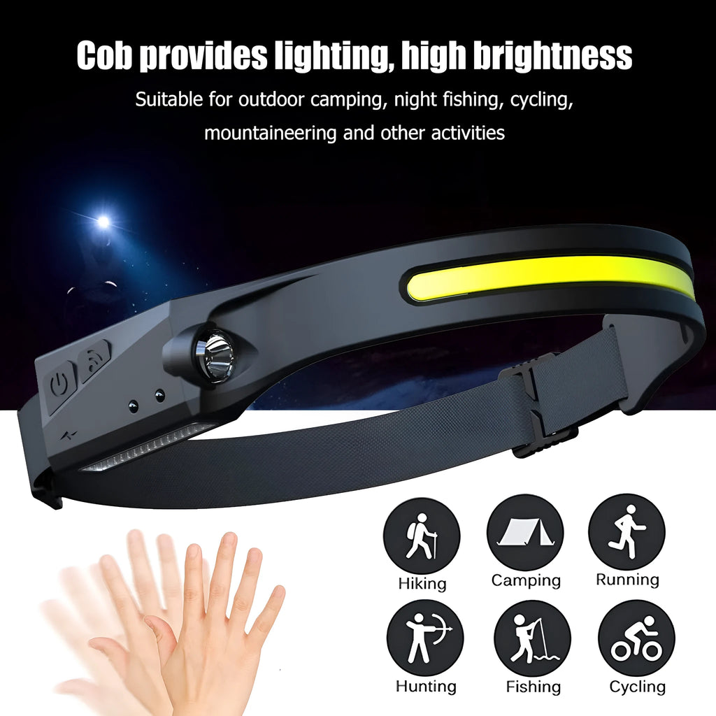 Black silicone rechargeable headlamp with LED lights, shown with wide beam and long-range illumination for outdoor use.