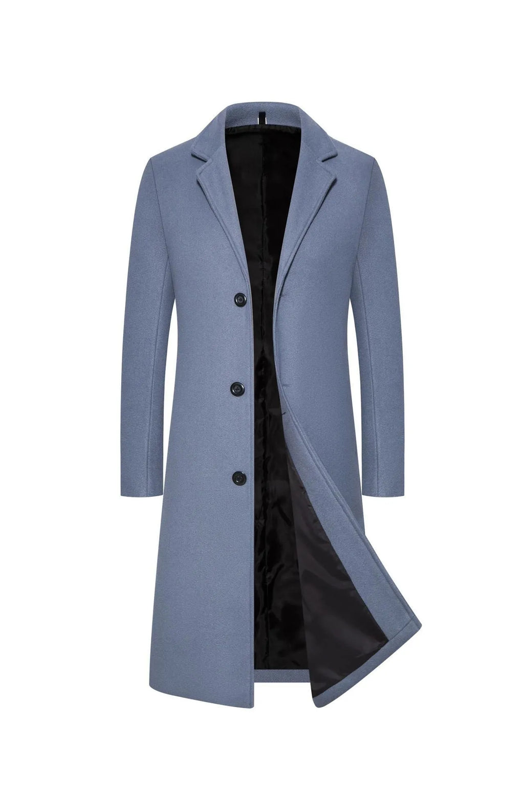 Men's wool mid-length trench coat in camel colour, slim fit, solid style, hung on a hanger