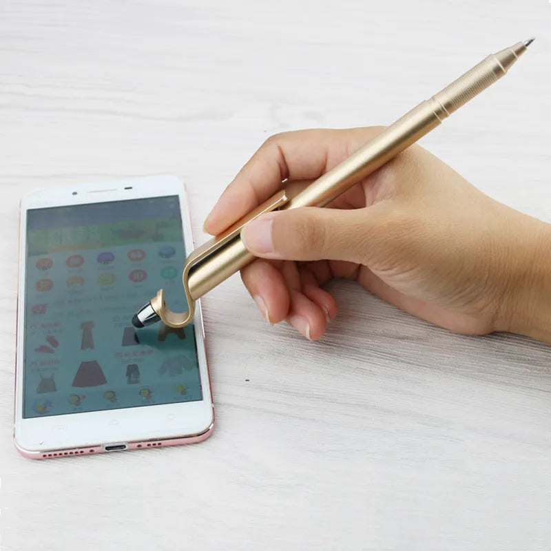 Black and blue multifunctional pen with touchscreen stylus tip and built-in mobile phone holder.