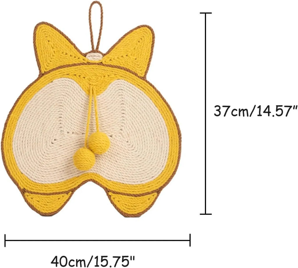 Yellow cat scratching pad with corgi design measuring 37x40cm with natural sisal surface