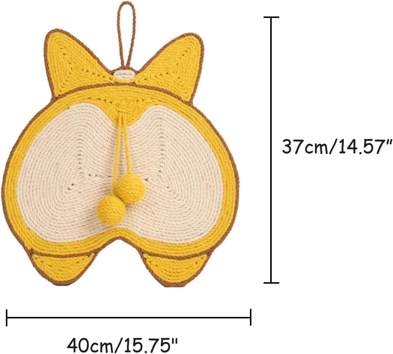 Yellow cat scratching pad with corgi design measuring 37x40cm with natural sisal surface