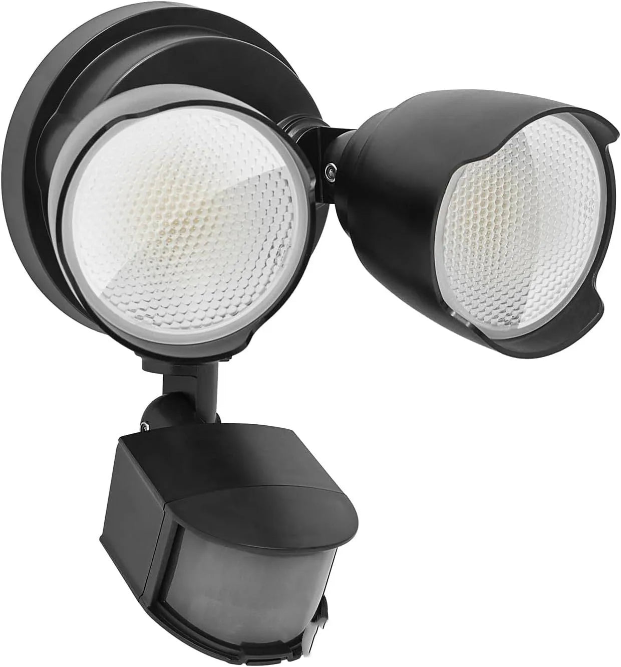 White outdoor LED security flood light with motion sensor mounted on a wall.