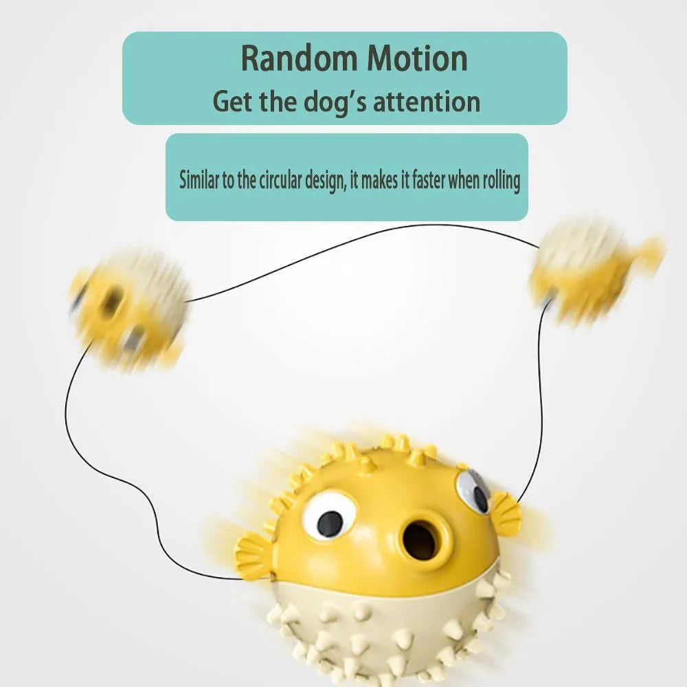 Green fish-shaped interactive dog chew toy with treat-dispensing hole and textured surface.