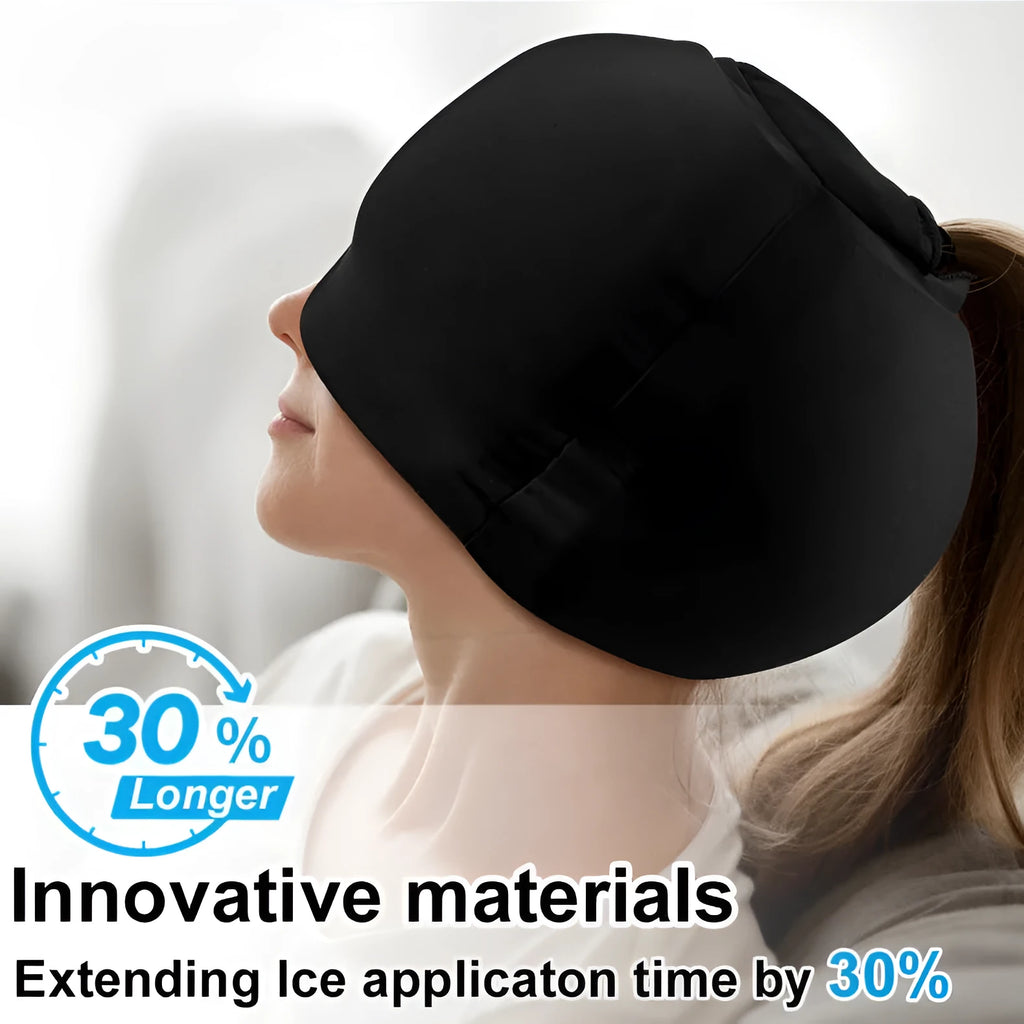 Simple solid colour fully enclosed cold compress cap for headache relief.