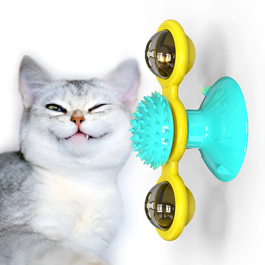 Cat rotating windmill multi-function toy with suction base and luminous ball in blue turntable colour