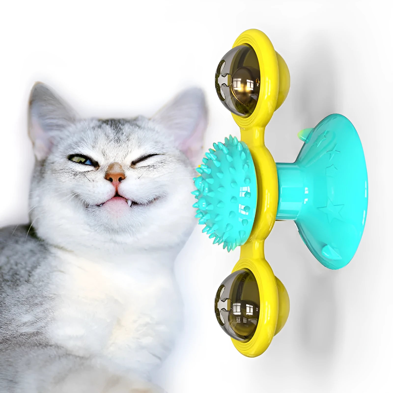 Cat rotating windmill multi-function toy with suction base and luminous ball in blue turntable colour