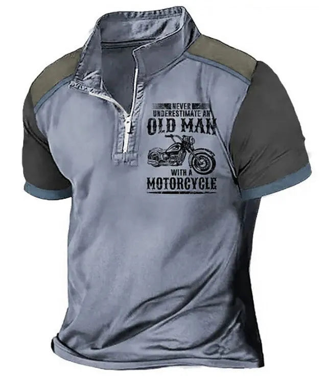 Men's casual lapel polo shirt with digital letter print on short sleeves.