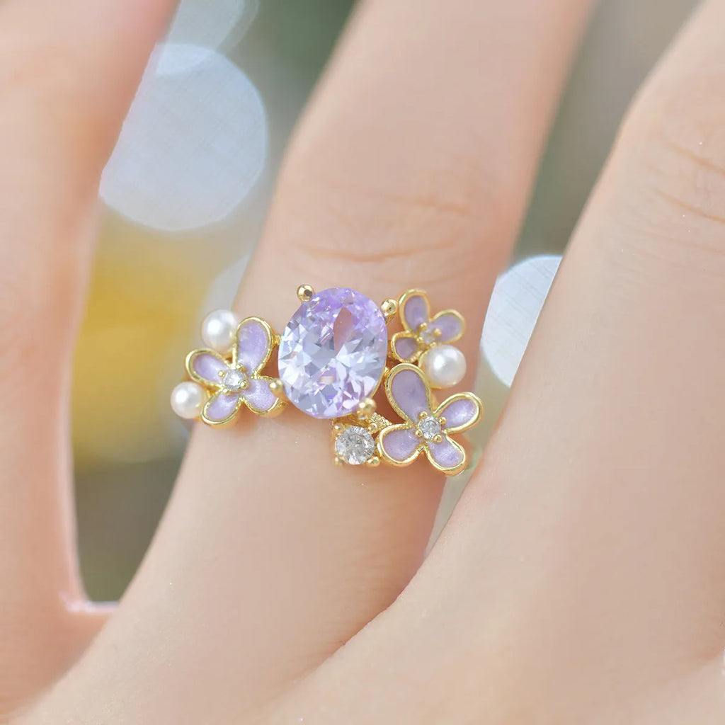 Women's flower pearl zircon open ring in yellow and light purple colours with floral design