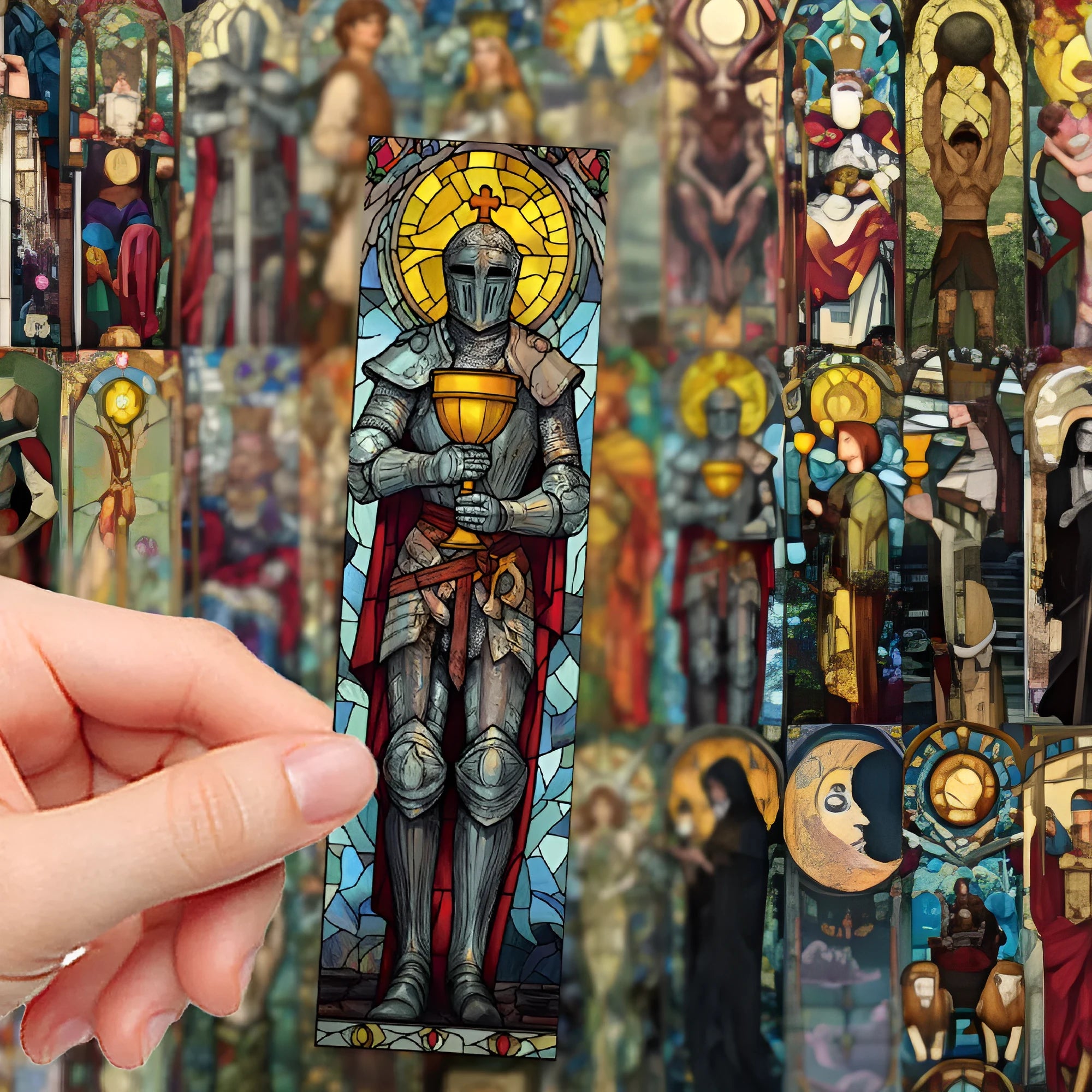 Set of 30 painted glass tarot design paper bookmarks in A5 size.