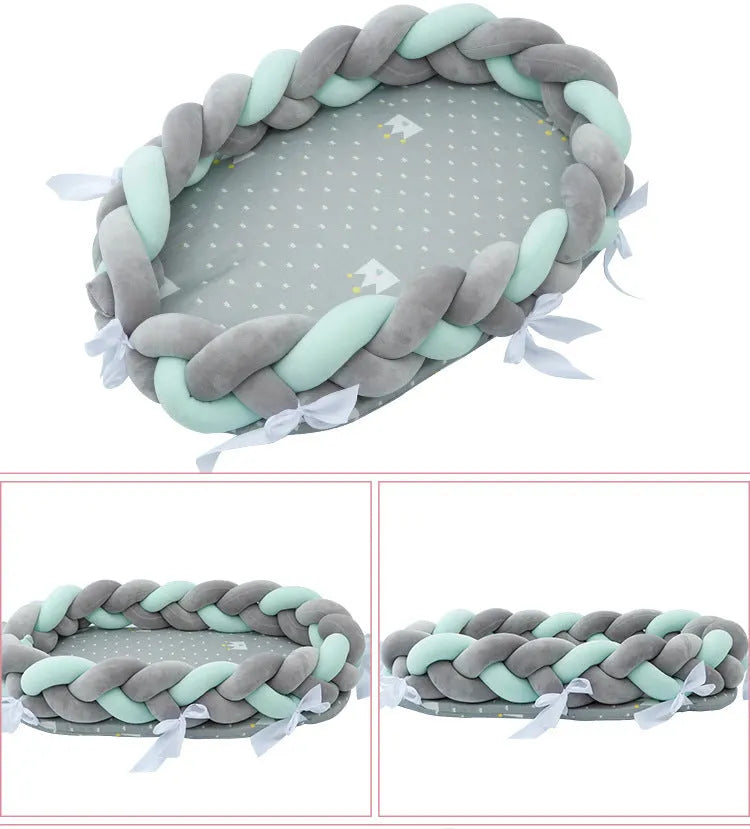 Woven twist baby bionic bed in cotton, shown in green, star, and yellow colour options.