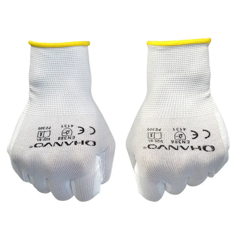 White PU coated labour gloves showing cotton backing and palm coating with 24cm length measurement