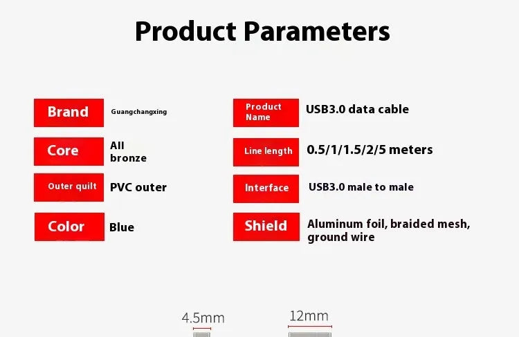 USB 3.0 public-to-public data cable with nickel-plated connectors for external hard drive connection.