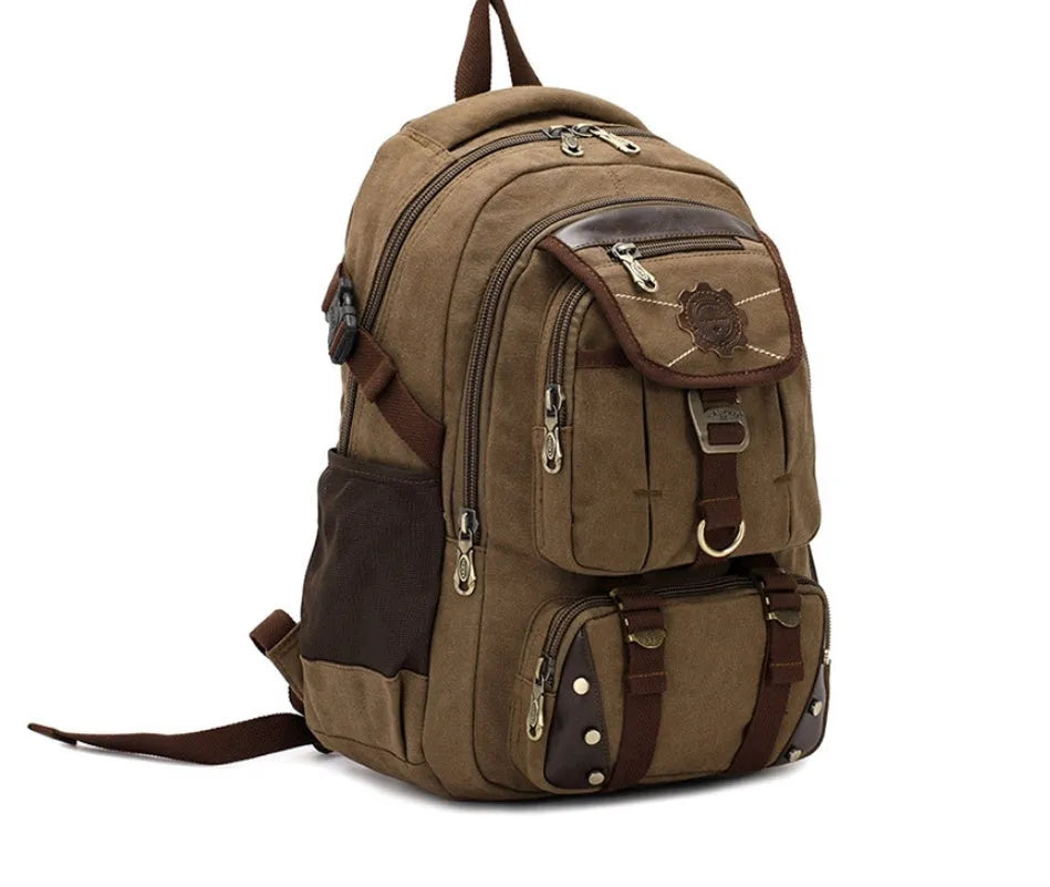 Large canvas computer backpack 20-35L with zipper opening, air cushion strap, phone bag and buckle, in black or army green