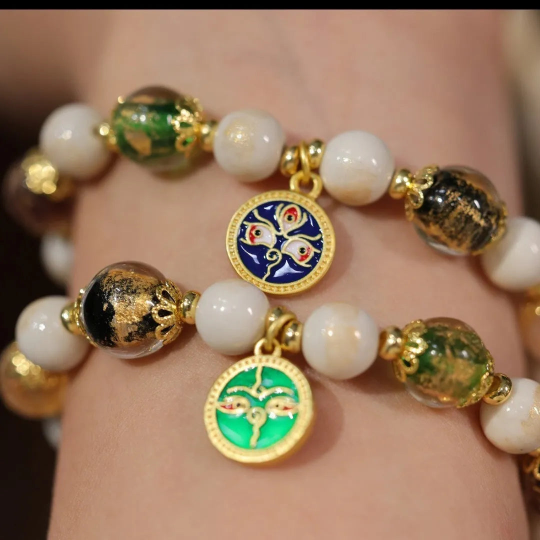 Handmade glass bracelet with five gods of wealth theme and 10mm geometric beads in national style design